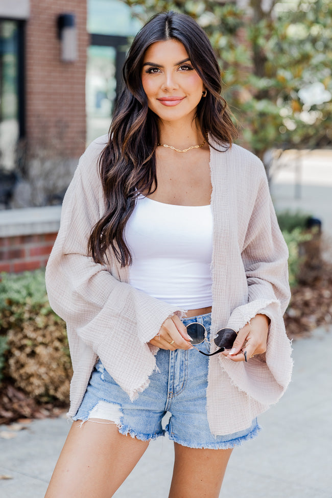 Out On Your Own Taupe Gauze Acid Wash Cardigan Top