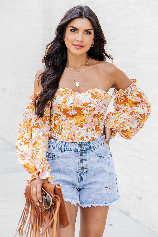On My Mind Pink And Yellow Multi Printed Off The Shoulder Corset Blouse