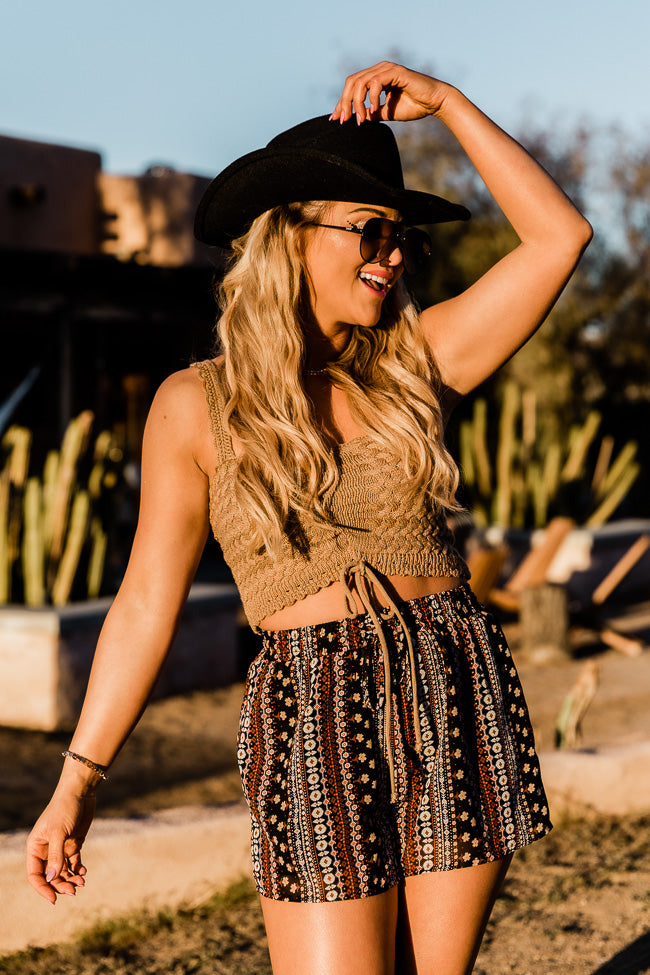 Stop The Music Brown Cropped Crochet Tank