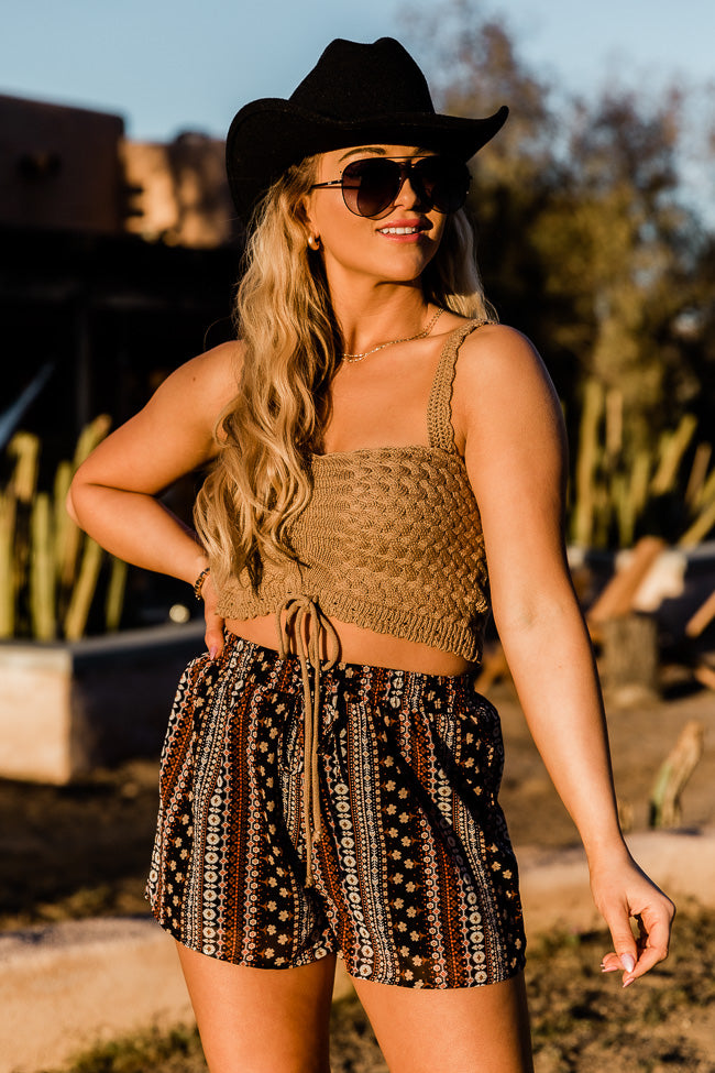 Stop The Music Brown Cropped Crochet Tank