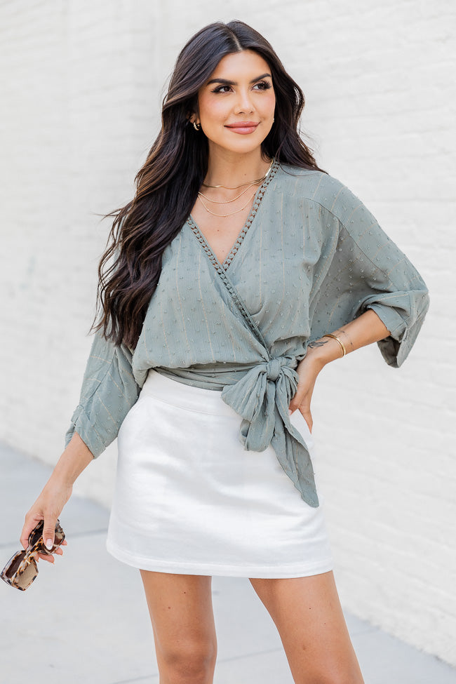 As You Wish Sage Short Sleeve Wrap Blouse