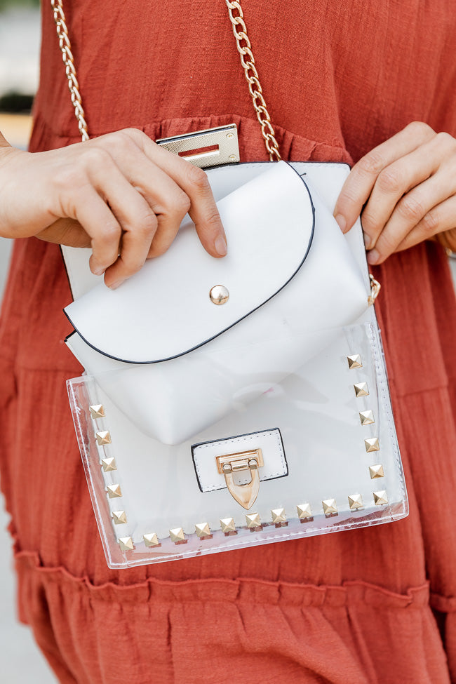 Always With Me White Leather And Clear Studded Bag