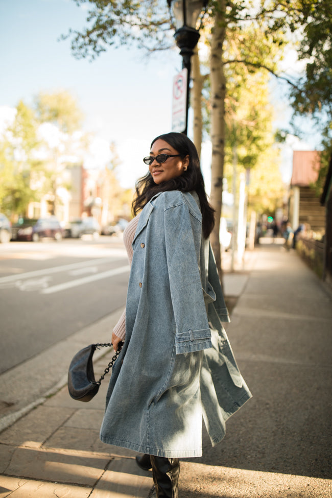 So Simple Light Wash Denim Trench Coat