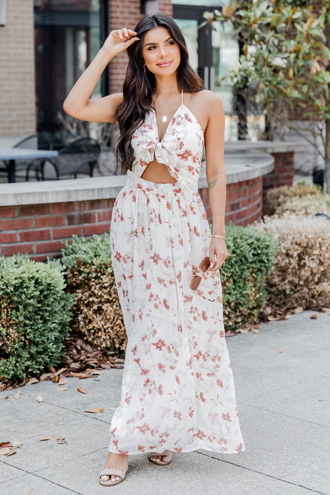 True Beauty White Floral Printed Cut Out Maxi Dress
