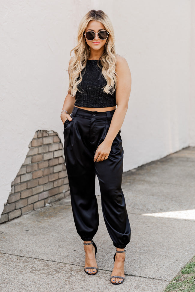 Black satin outlet joggers outfit