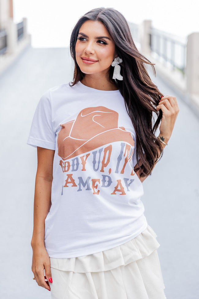 Giddy Up Its Gameday Blue White Graphic Tee, S - Women's - Pink Lily Boutique