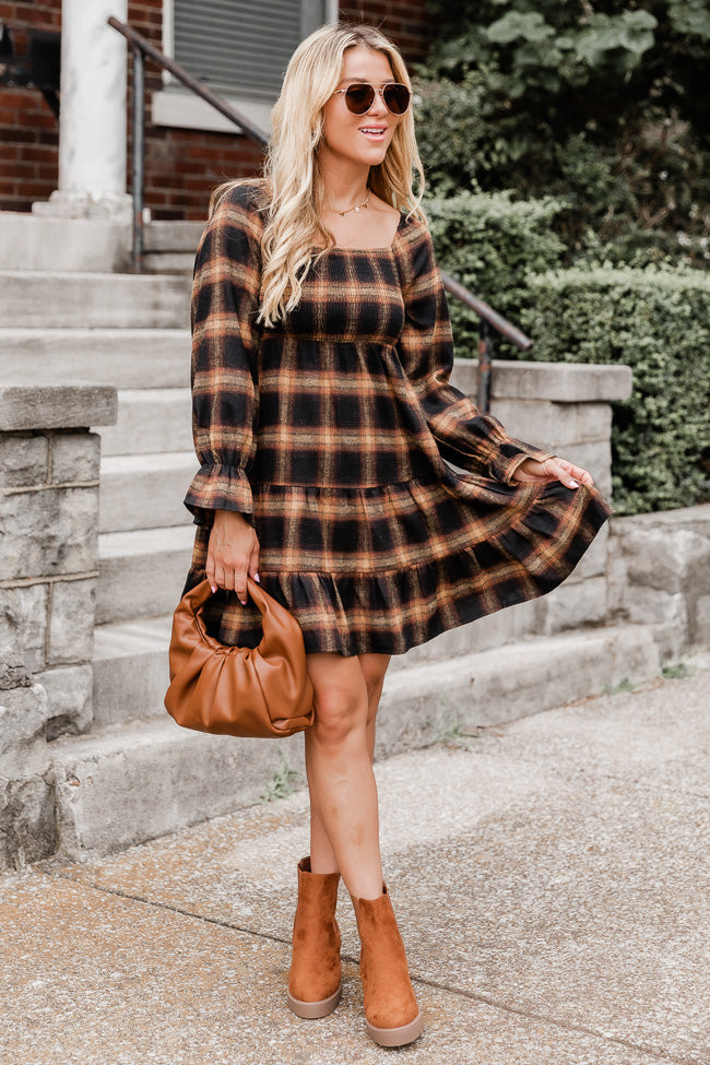 Your Time To Shine Brown Plaid Long Sleeve Smocked Bust Mini Dress