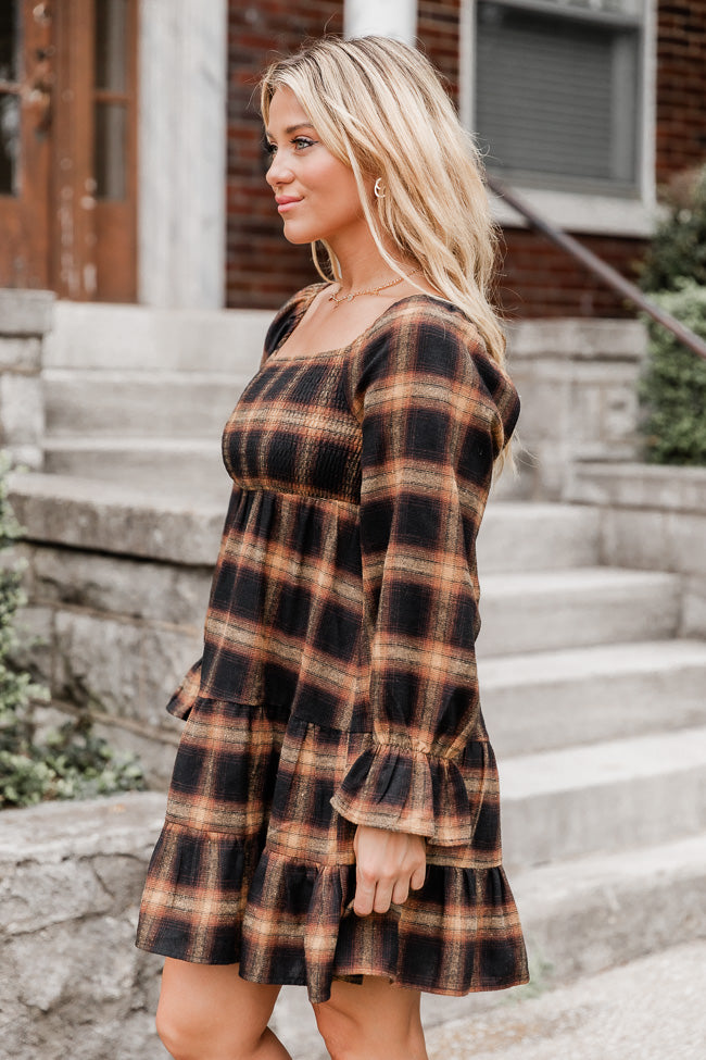 Your Time To Shine Brown Plaid Long Sleeve Smocked Bust Mini Dress