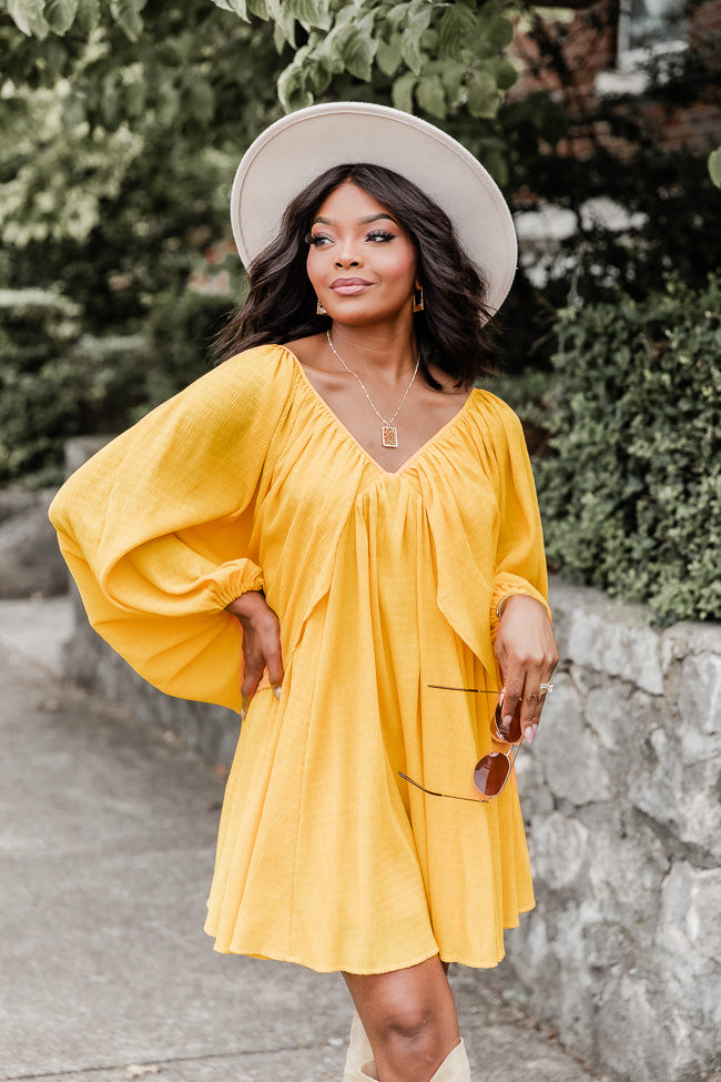 As Free As The Wind Yellow V Neck Bubble Sleeve Mini Dress FINAL SALE