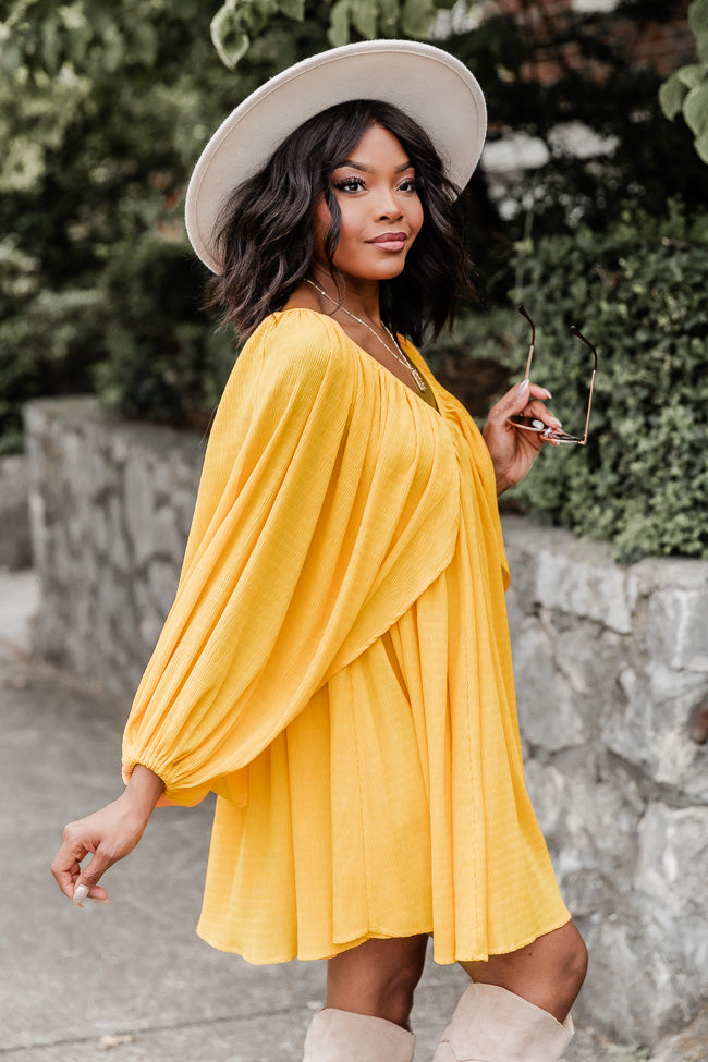 As Free As The Wind Yellow V Neck Bubble Sleeve Mini Dress FINAL SALE