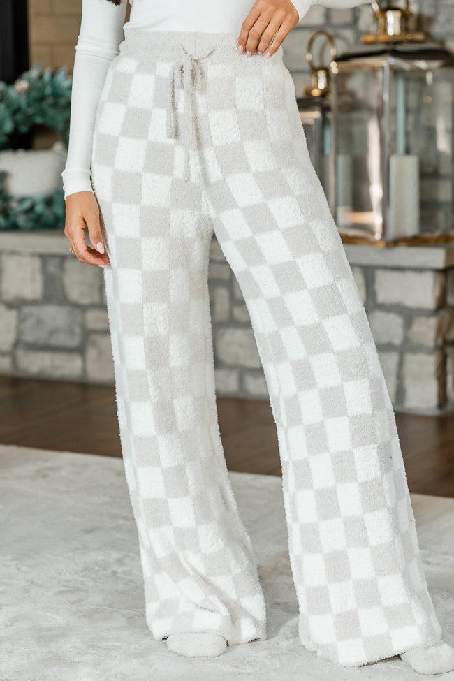 Movies And Chill Fuzzy Taupe And Ivory Checkered Lounge Pants