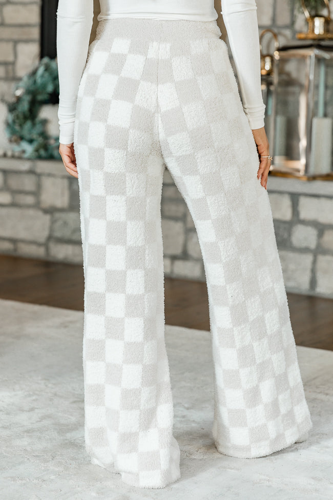 Movies And Chill Fuzzy Taupe And Ivory Checkered Lounge Pants