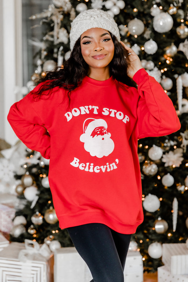 Don’t Stop Believin Red Oversized Graphic Sweatshirt