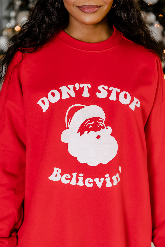 Don’t Stop Believin Red Oversized Graphic Sweatshirt