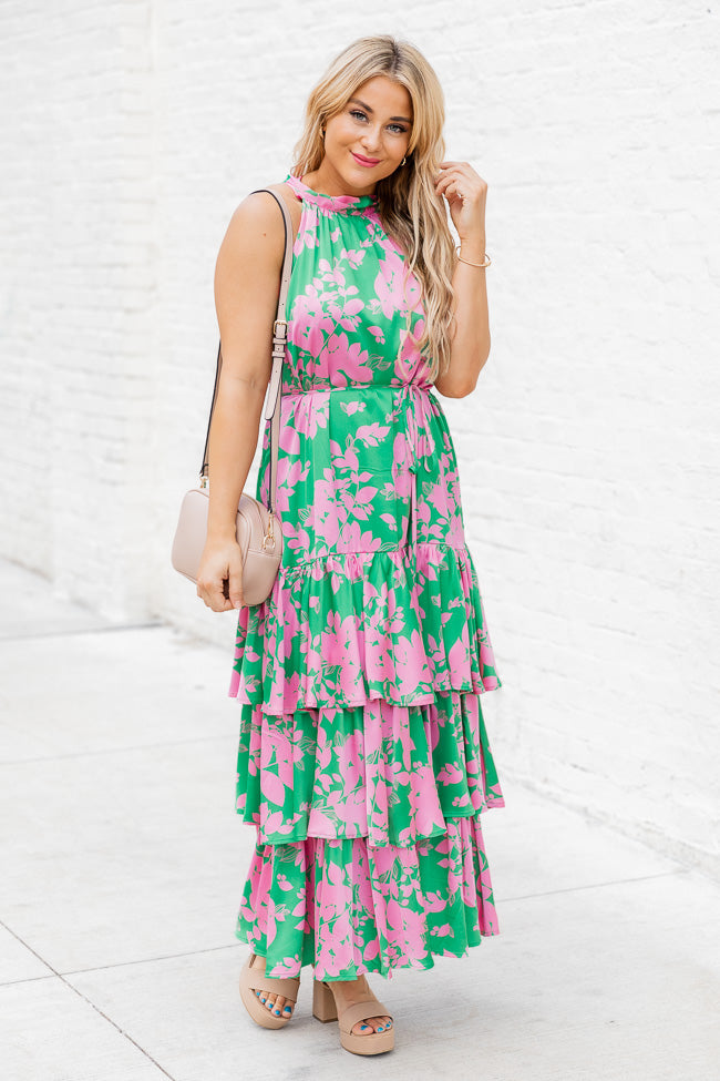 An Inspiration Green and Pink Printed Satin Halter Maxi Dress FINAL SA –  Pink Lily