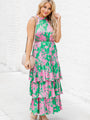 An Inspiration Green and Pink Printed Satin Halter Maxi Dress FINAL SALE