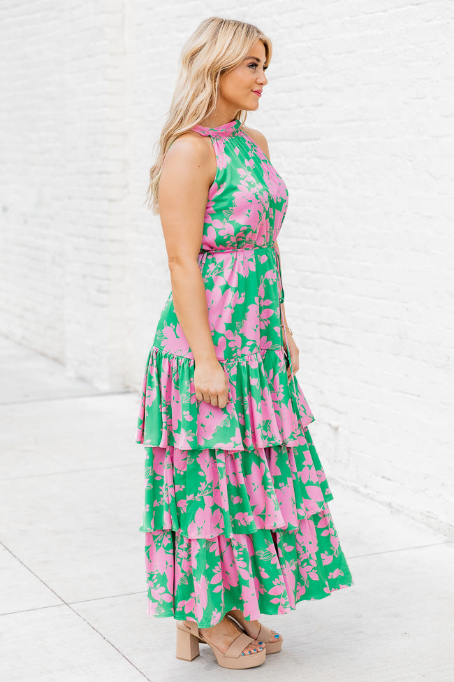 An Inspiration Green and Pink Printed Satin Halter Maxi Dress