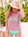 Make A Choice Mint and Pink Striped Crochet Short Sleeve Sweater Tori X Pink Lily SALE FINAL SALE