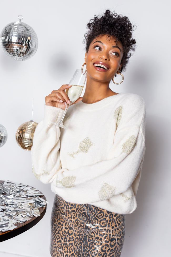 Pop The Bubbly Glitter Wine Glass Embroidered Cream Sweater - Coming Soon