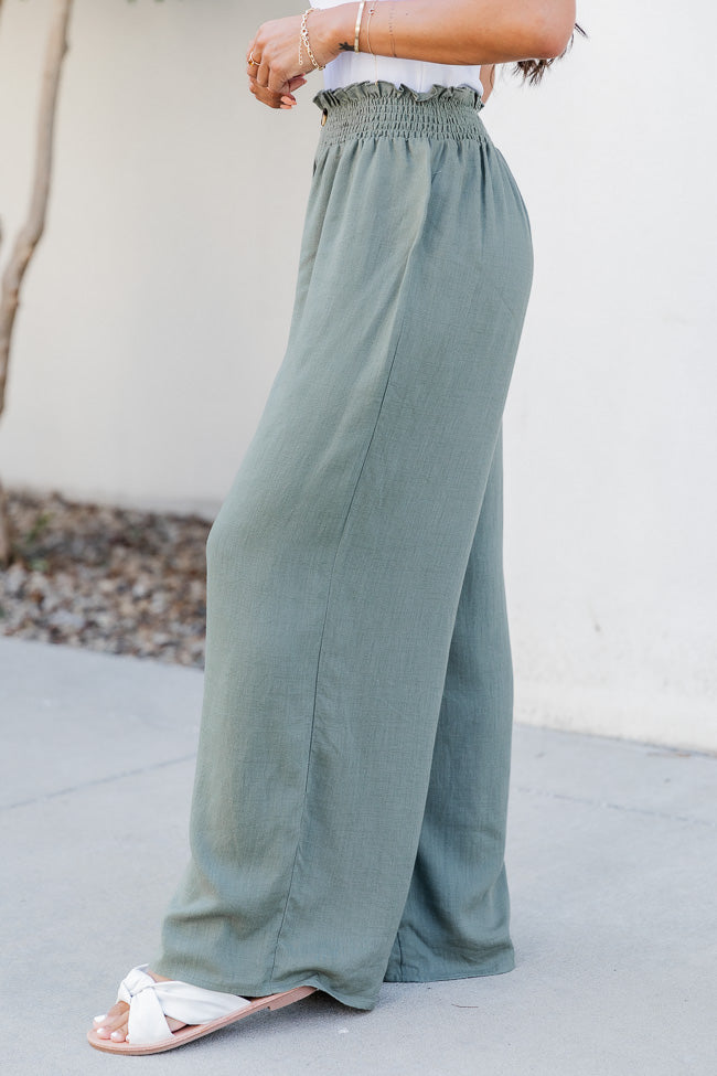 Feelings For You Olive Smocked Waist Button Front Pants FINAL SALE