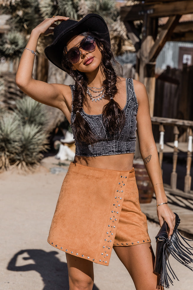 Kick The Dust Up Brown Suede Studded Skort