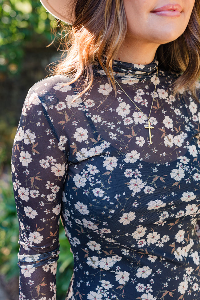 Gardens of Gibraltar Black Floral Mock Neck Midi Dress Amber Massey X Pink Lily