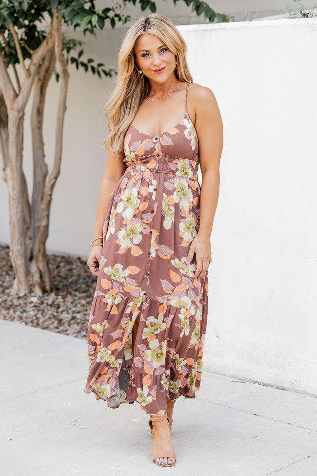 Feeling Right Brown Multi Floral Button Front Tank Midi Dress