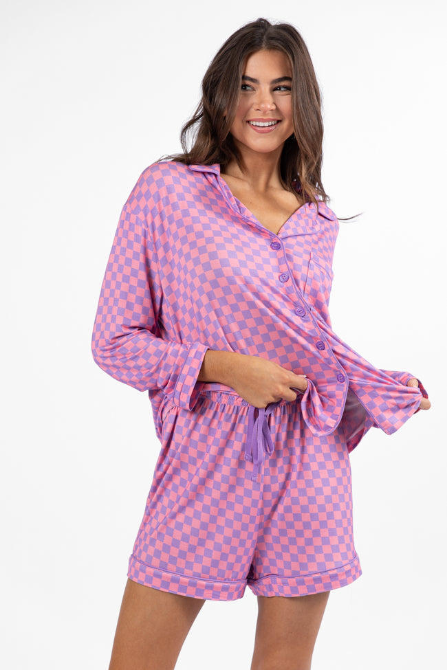 Good To Get Away Light Pink and Lilac Checkered Pajama Shorts