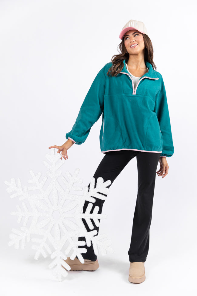 Outside The Box Jade and Pink Contrast Trim Fleece Pullover DOORBUSTER