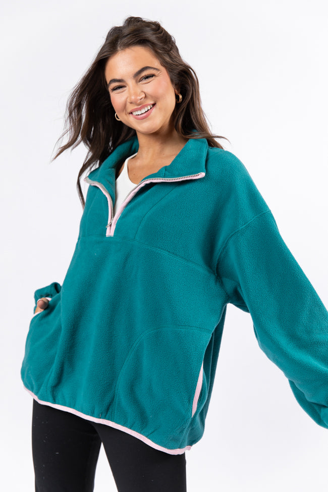 Outside The Box Jade and Pink Contrast Trim Fleece Pullover DOORBUSTER