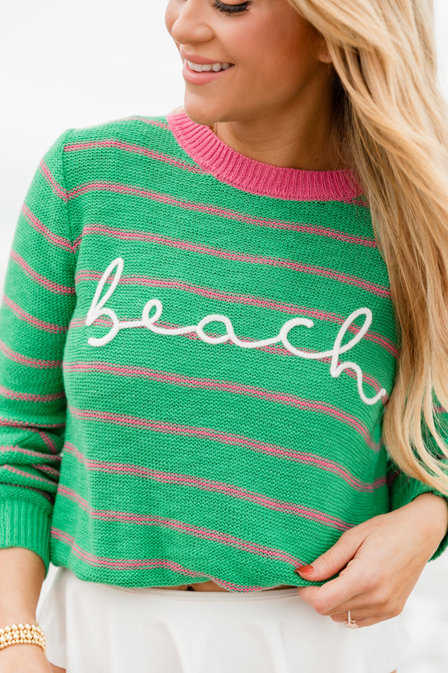 Off To The Beach Green and Pink Beach Bum Script Striped Sweater