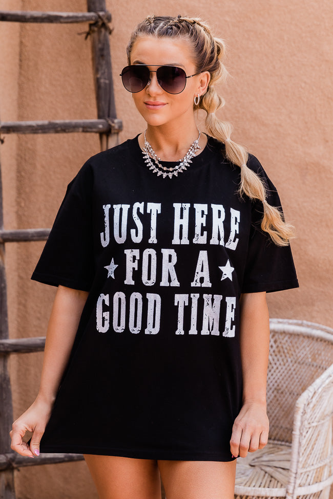 Just Here for a Good Time Black Oversized Graphic Tee – Pink Lily