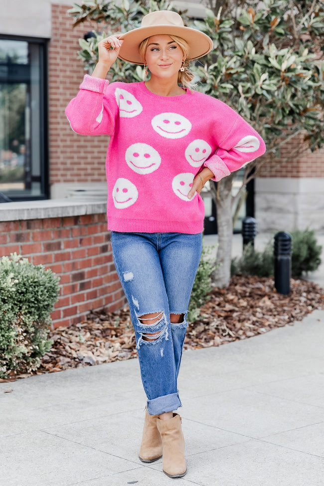 Choose To Be Happy Pink Smiley Print Sweater