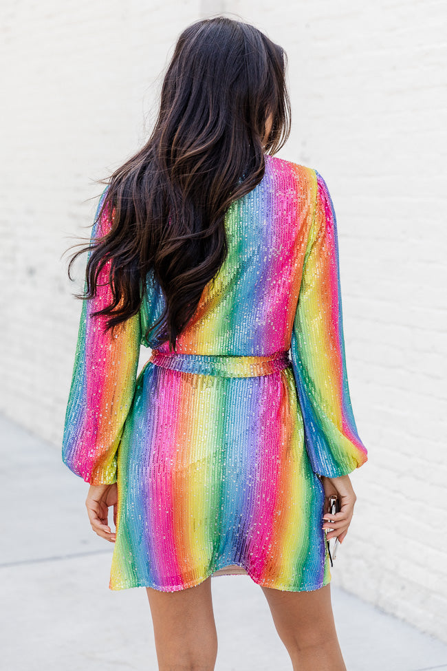 Teal Rainbow Sequin Stripe Dress