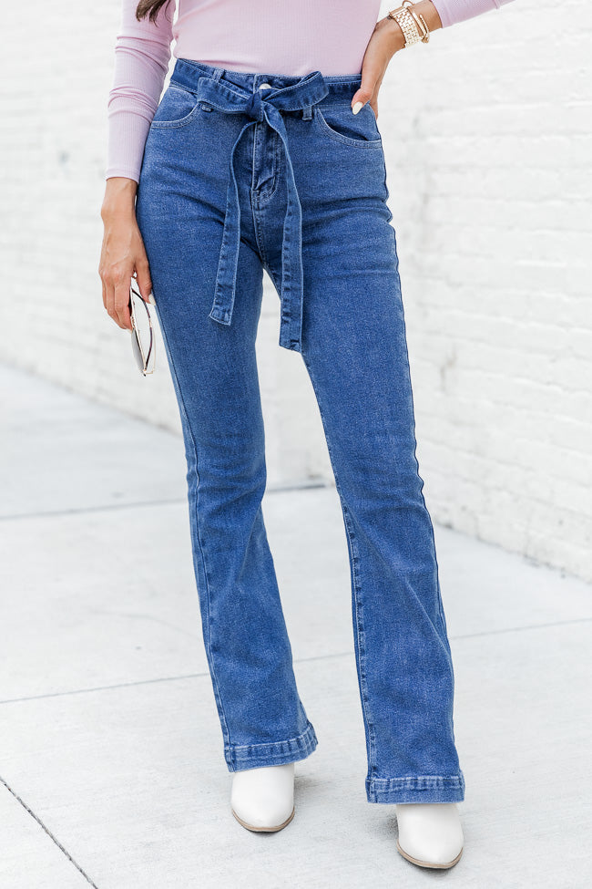 Time For Change Medium Wash High Rise Flare Denim with Tie Waist FINAL SALE