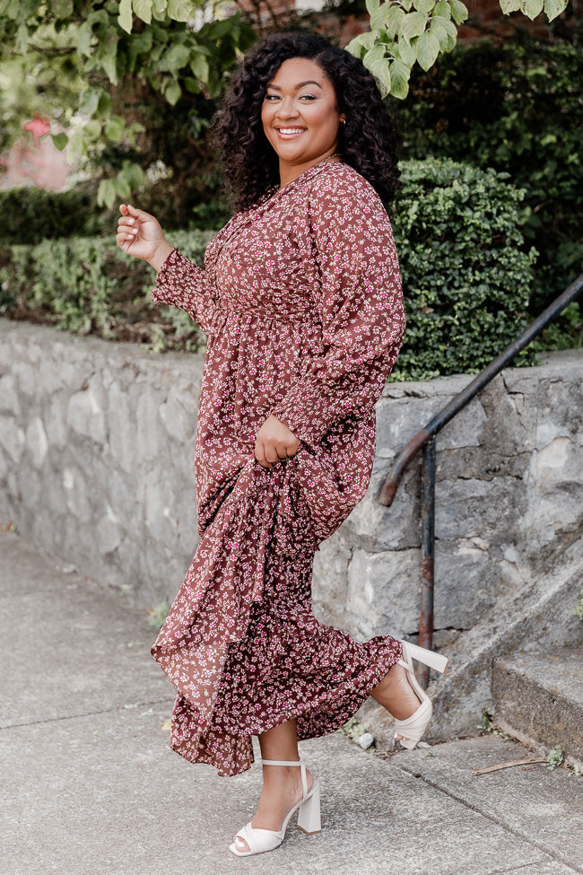 Should've Seen It Coming Brown Floral Long Sleeve Maxi Dress