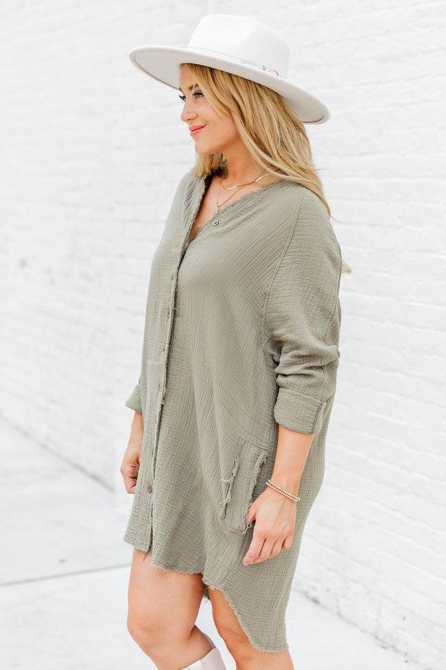 Catching Up Olive Gauze Button Up Dress FINAL SALE