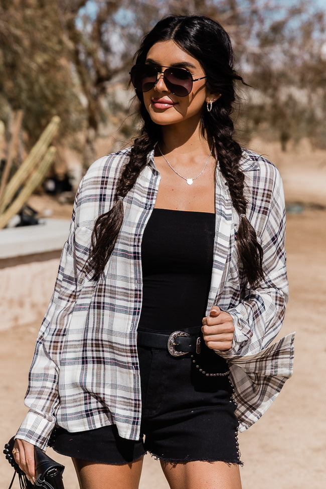 Check Yes Or No Beige and Black Plaid Button Front Blouse
