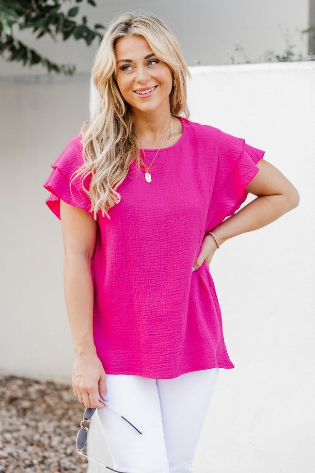 Don't You Worry Hot Pink Gauze Flutter Sleeve Blouse