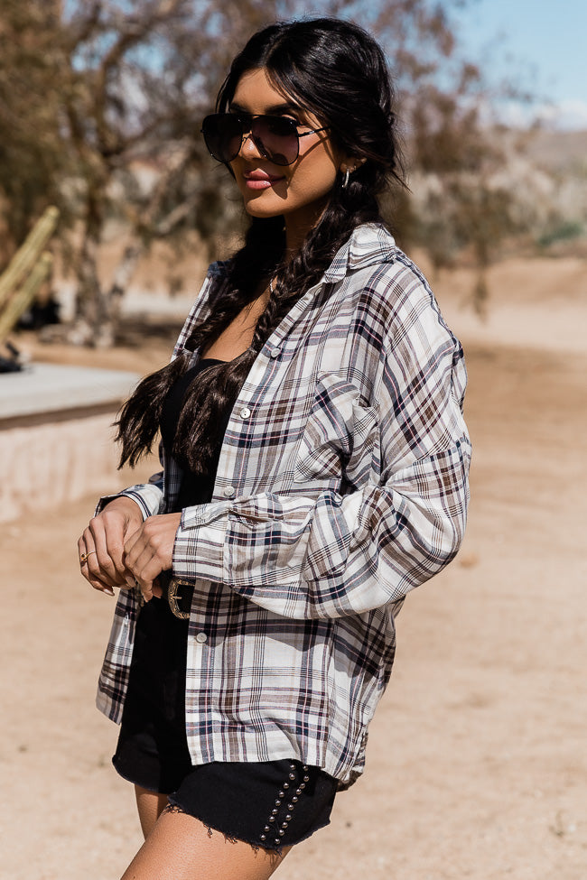 Check Yes Or No Beige and Black Plaid Button Front Blouse