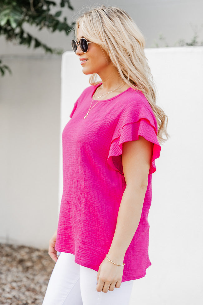Don't You Worry Hot Pink Gauze Flutter Sleeve Blouse