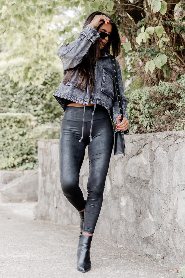 Premium Photo | Blue eyes young woman in denim jacket and leather pants  posing on camera.