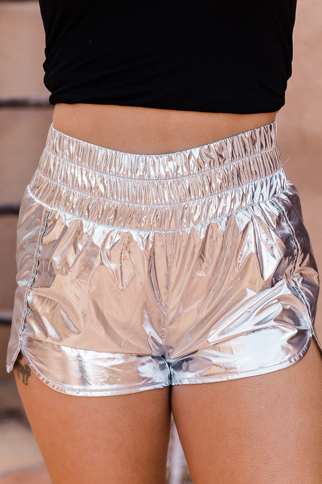 Errands To Run Silver Metallic High Waisted Athletic Shorts