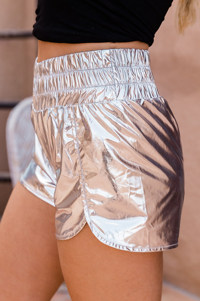 Errands To Run Silver Metallic High Waisted Athletic Shorts