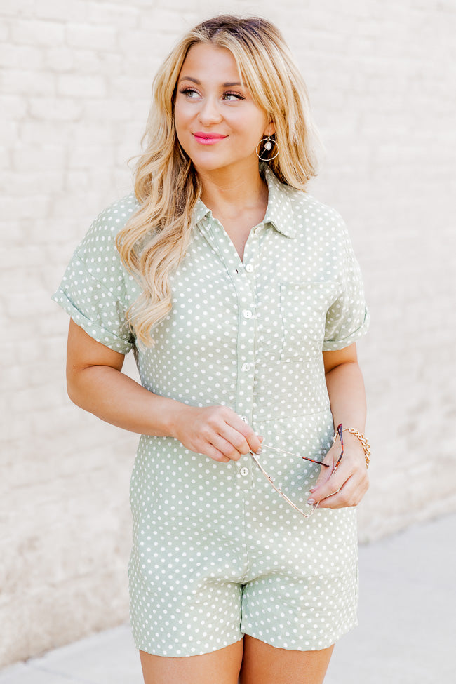 Comes And Goes Sage Polka Dot Button Up Romper FINAL SALE