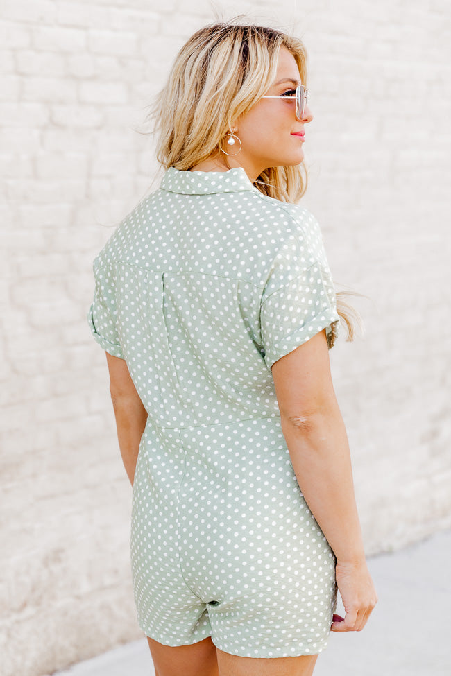 Comes And Goes Sage Polka Dot Button Up Romper FINAL SALE