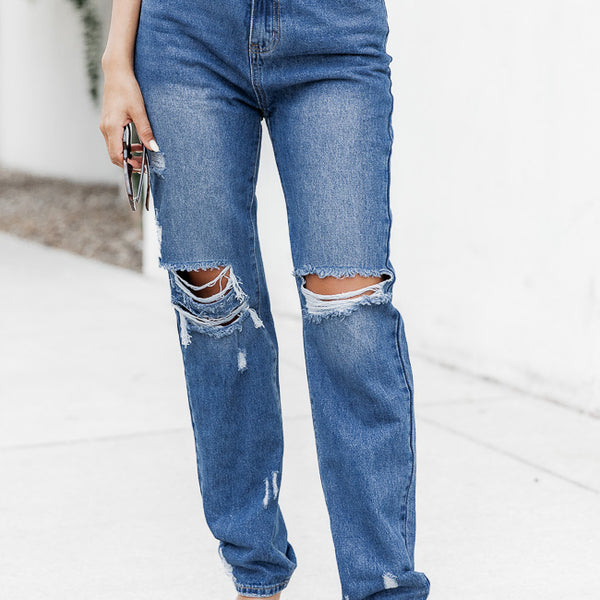 Sky Blue Distressed Frayed Hem Holed Straight Leg Loose Jeans –  KesleyBoutique