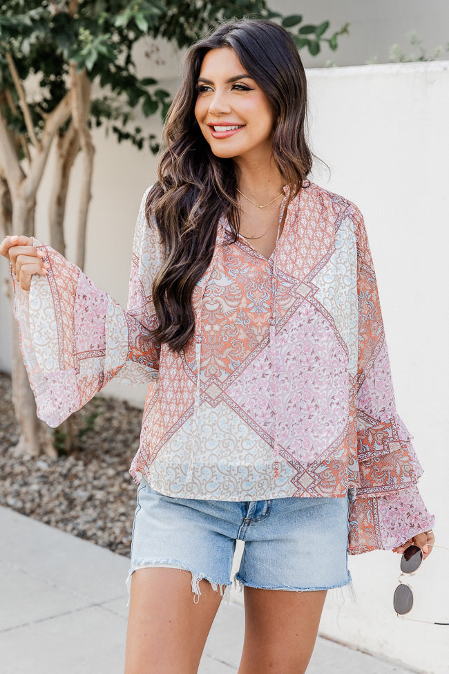 No Goodbyes Pink And Orange Printed Bell Sleeve Blouse FINAL SALE