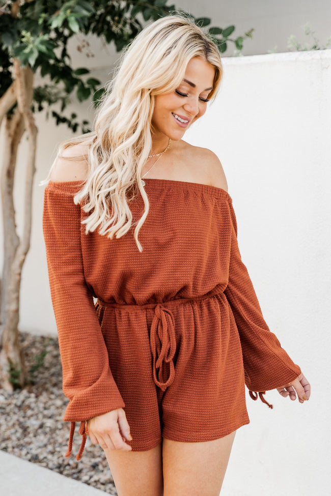 A Darling Day Rust Waffle Knit Off The Shoulder Romper
