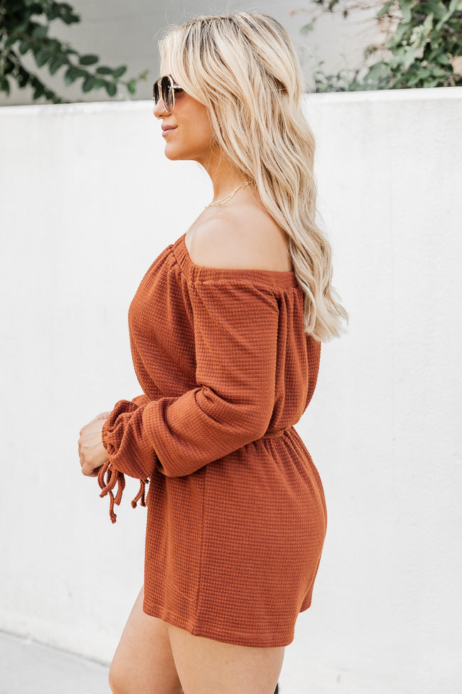 A Darling Day Rust Waffle Knit Off The Shoulder Romper FINAL SALE